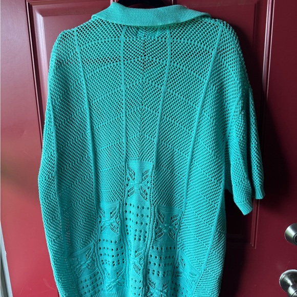 OXKNITSTORE Women's Teal Short Sleeve Knit Polo Tee - Picture 4 of 4